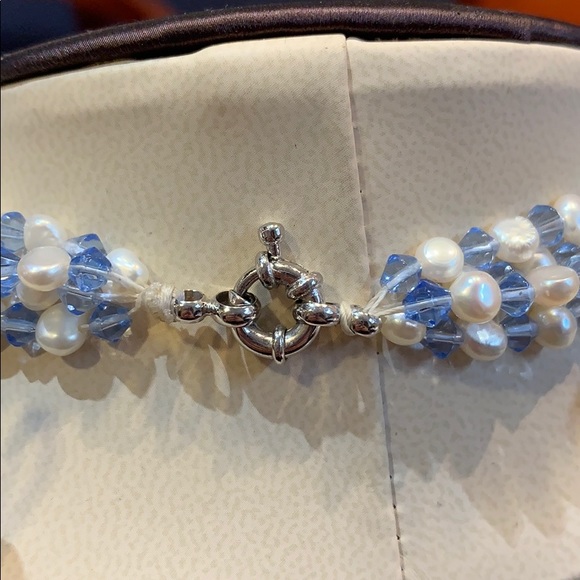 Freshwater Pearl and Blue Bead Necklace, 18” - Picture 5 of 7